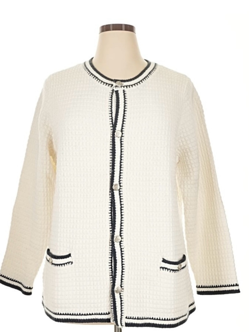 J. Jill Classic White Chunky Knit Cardigan with Navy Blue Trim 2X Cotton Blend